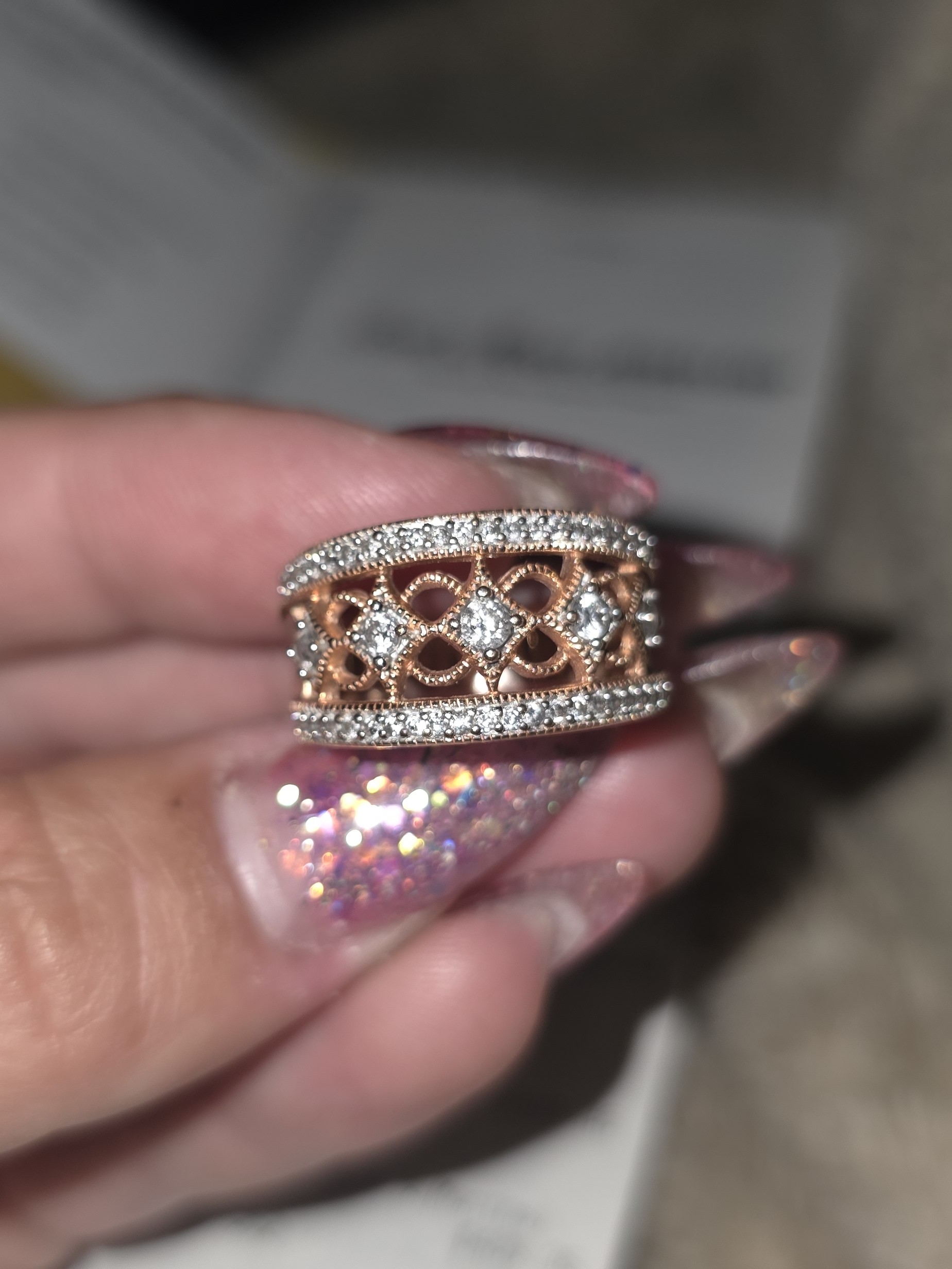 Rose Gold Filigree Diamond Accent Wide Band Ring